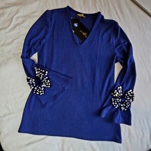 Jean Bourget Royal Blue Blouse with Beaded Cuffs